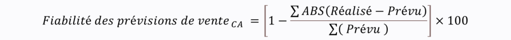 Formule de la fiabilité des prévisions de ventes (pilotage par le CA) = 1 - (Somme des écarts en valeur absolue) / Somme des prévisions) * 100
